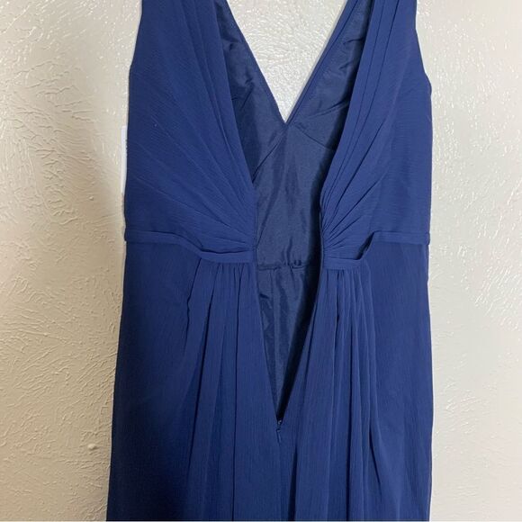 Davids Bridal faux wrap pleated chiffon maxi v neck dress marine navy - Picture 8 of 14